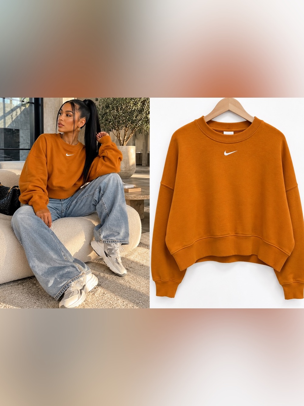 Nike Women’s Oversized Fleece Crewneck Sweatshirt S Burnt Orange Cropped Swoosh